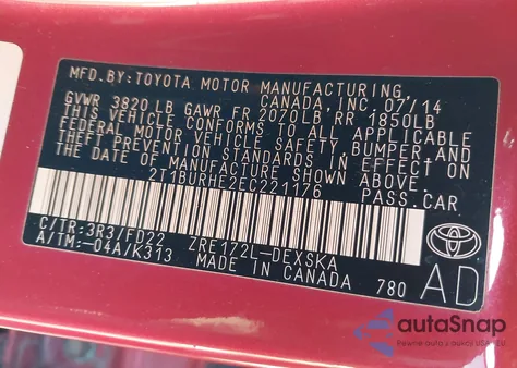 2014 Toyota Corolla S Plus from USA, damaged, VIN 2T1BURHE2EC221176